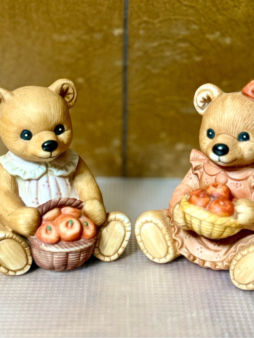 Cute Beige Bear Pair Figurines with Fruit Baskets - Kids Toys